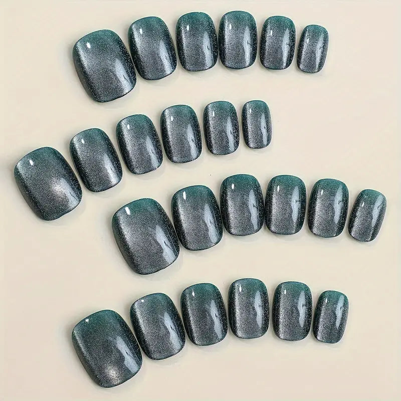 Dark Green Cat Eye Oval Nails