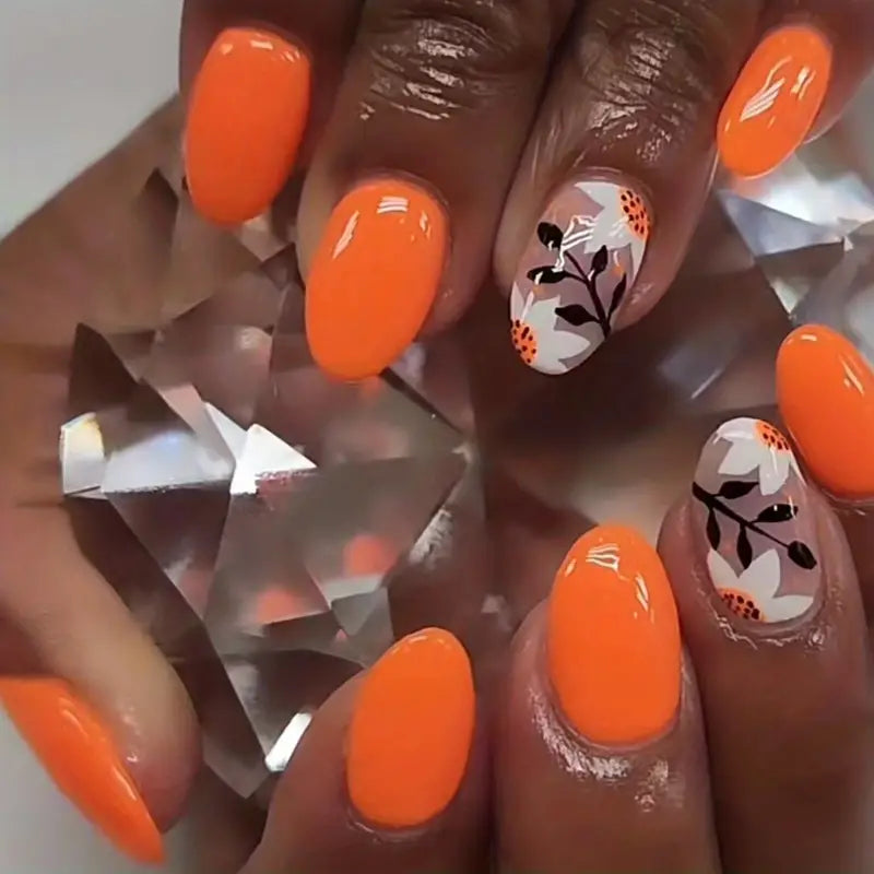 Almond White Orange Lily Nails